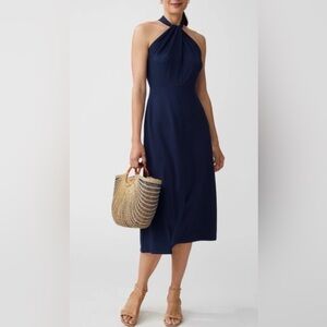J.McLaughlin Navy Halter Midi Dress Twist Neck A-Line Size M